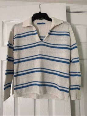 J. McLaughlin linen Cream V‑Neck Sweater with Blue Stripes